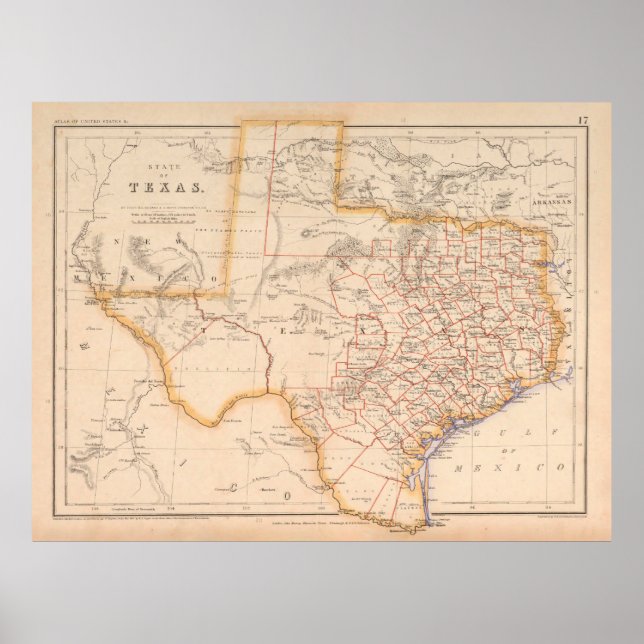 Póster Mapa de Texas antiguo (1857) Vieja Texas Lone Star (Frente)
