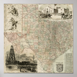 Póster Mapa de Texas con fronteras del condado