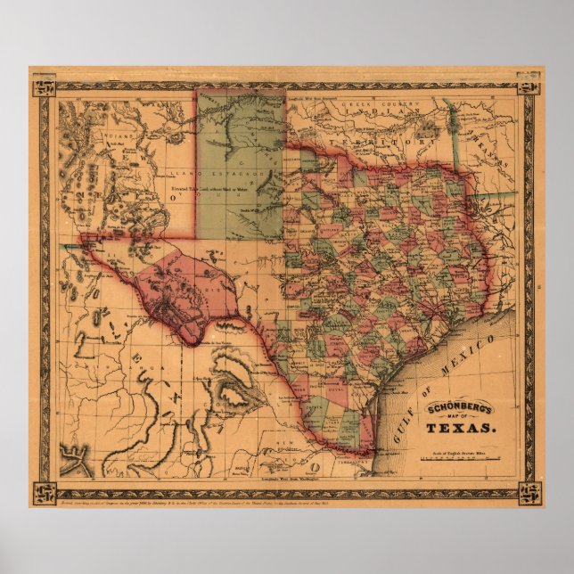 Póster Mapa de Texas de 1866 (Frente)