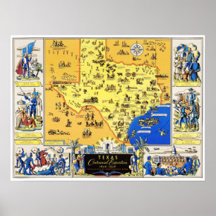 Póster Mapa de Texas de la exposición del centenario en 1