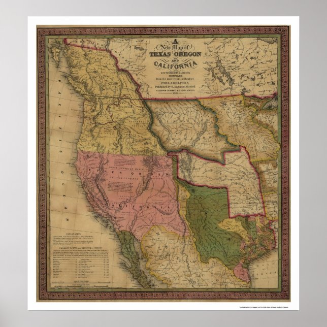 Póster Mapa de Texas, Oregón y California - 1846 (Frente)