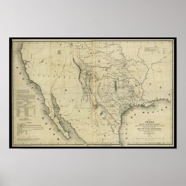 Póster Mapa de Texas y los países adyacentes en 1844 (Frente)