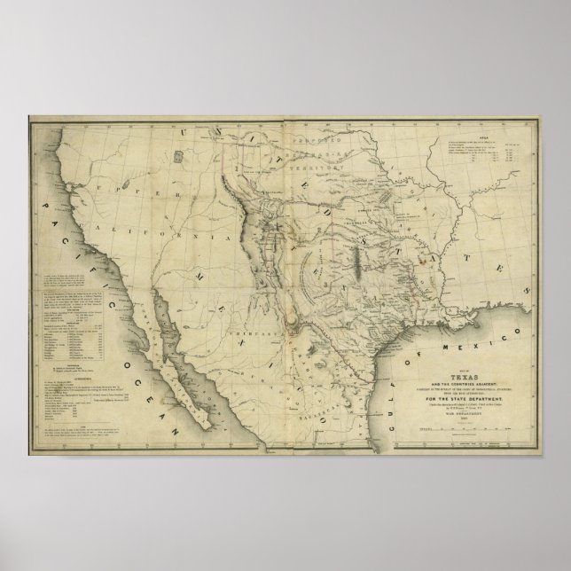 Póster Mapa de Texas y los países adyacentes en 1844 (Frente)