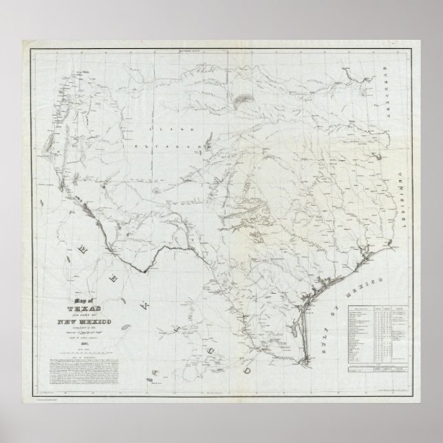 Póster Mapa de Texas y parte de Nuevo México (Frente)