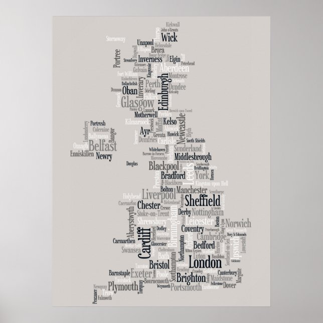 Póster Mapa de texto de Gran Bretaña (Frente)