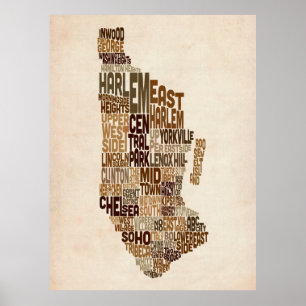 Póster Mapa de texto de la tipografía de Nueva York en Ma