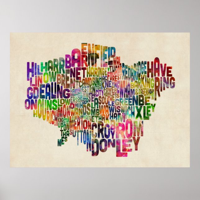 Póster Mapa de texto de los distritos de la tipografía de (Frente)