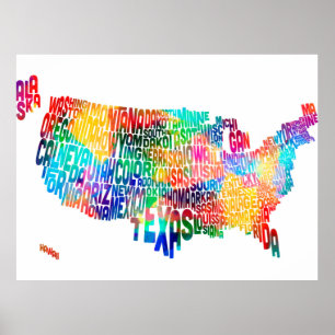 Póster Mapa de texto de tipografía de Estados Unidos