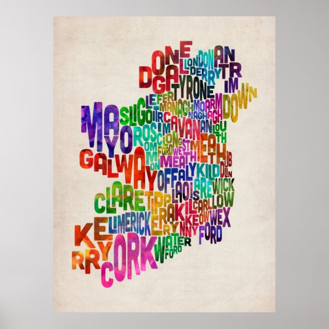 Póster Mapa de texto del condado de Eire de Irlanda (Frente)
