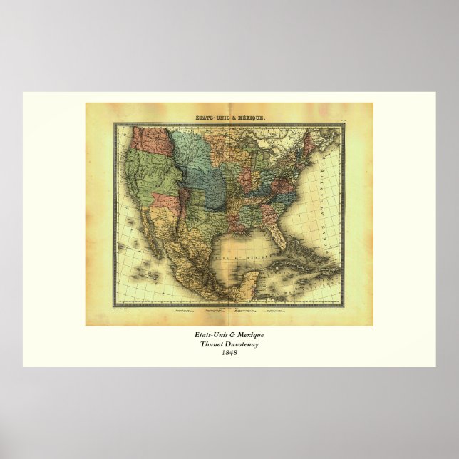 Póster Mapa de Thunot Duvotenay de 1848: Etats-Unis y Mex (Frente)