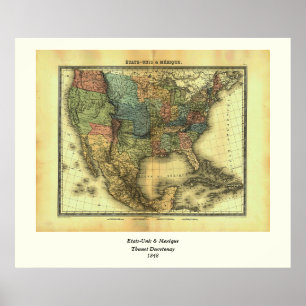 Póster Mapa de Thunot Duvotenay de 1848: Etats-Unis y Mex
