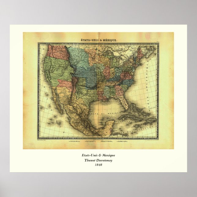 Póster Mapa de Thunot Duvotenay de 1848: Etats-Unis y Mex (Frente)