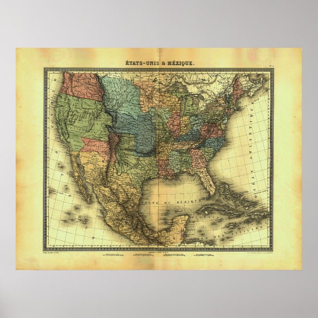 Póster Mapa de Thunot Duvotenay de 1848: Etats-Unis y Mex (Frente)