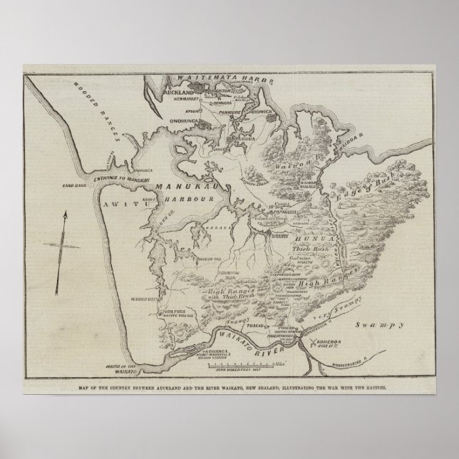 Póster Mapa de tierras entre Auckland y el río Waikato (Frente)