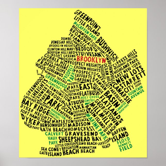 Póster Mapa de tipografía de Brooklyn NYC (Frente)
