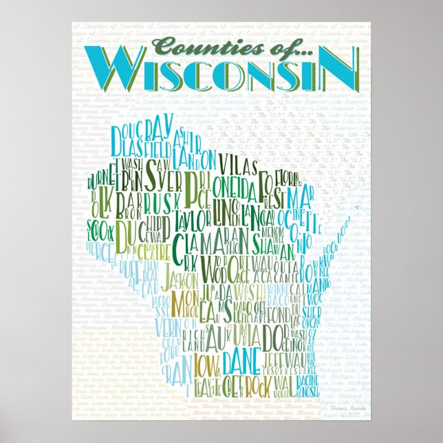 Póster Mapa de tipografía de los condados de Wisconsin (Frente)