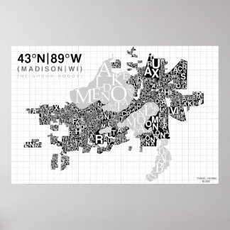 Póster Mapa de tipografía de vecindario de Madison - B&W