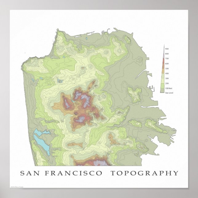 Póster Mapa de Topo de San Francisco - Blanco - 12x12 (Frente)