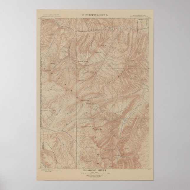 Póster Mapa de Topografía, Yellowstone National Part, Wyo (Frente)