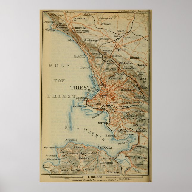 Póster Mapa de Trieste de Italia de época (1911) (Frente)
