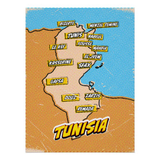 Póster Mapa de Túnez ilustrado con arte pop