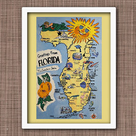 Póster Mapa de turismo de saludos de la vieja Florida