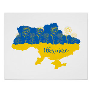 Póster Mapa de Ucrania con girasol y bandera de Ucrania