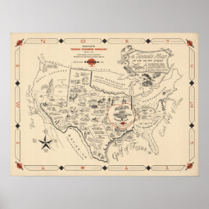 Póster Mapa de un texano de los Estados Unidos (de Texas)