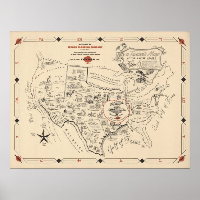 Póster Mapa de un texano de los Estados Unidos (de Texas) (Frente)