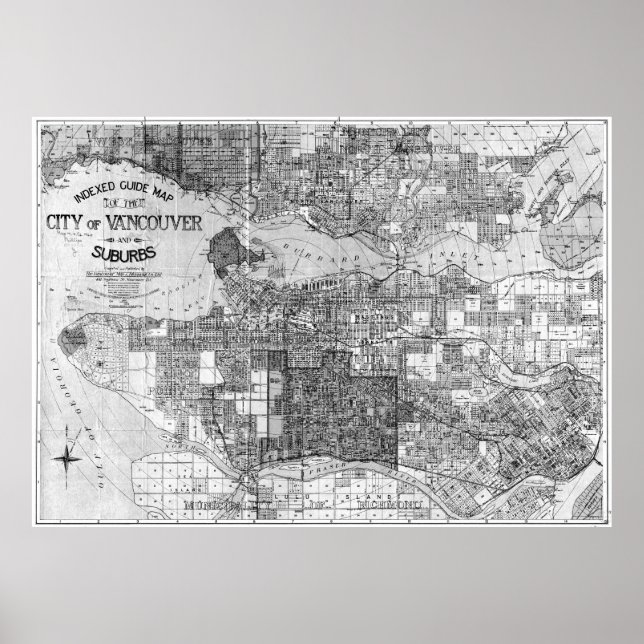 Póster Mapa de Vancouver Canada (1920) BW (Frente)