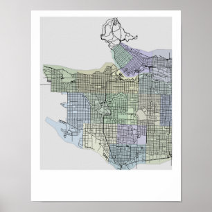 Póster Mapa de Vancouver con colores enrrollados