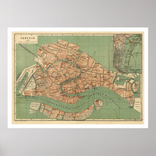 Póster Mapa de Venecia, Italia alrededor de 1886