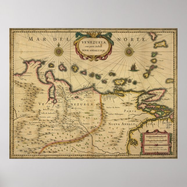 Póster Mapa de Venezuela de Hendrik Hondius (1630) (Frente)