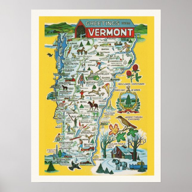 Póster Mapa de Vermont colorido 18 x24 Imprimir (Frente)
