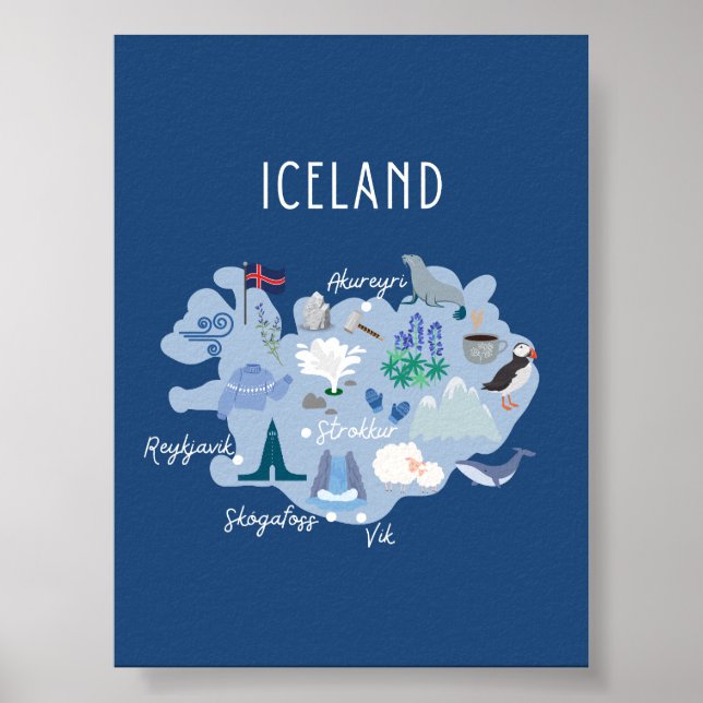 Póster Mapa de viaje azul oscuro de Islandia (Frente)