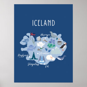 Póster Mapa de viaje de Islandia azul oscuro