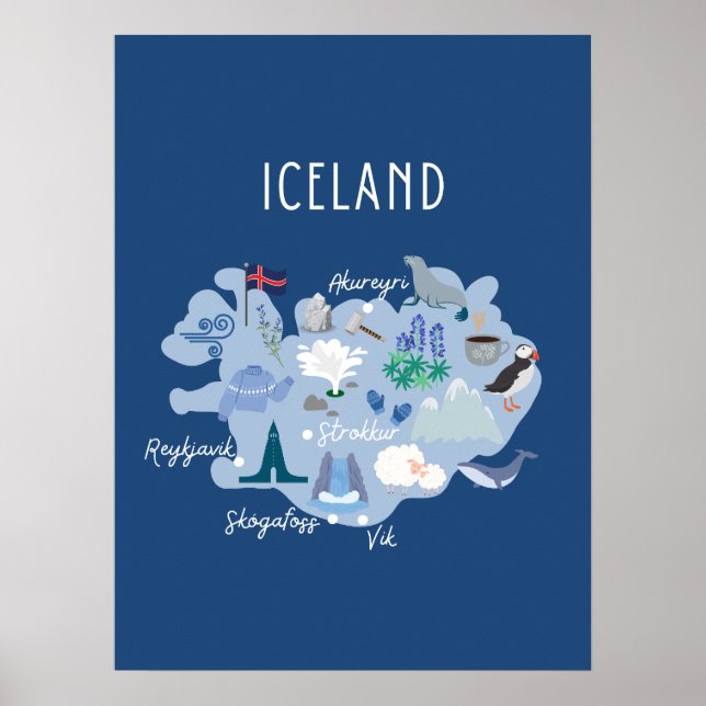 Póster Mapa de viaje de Islandia azul oscuro (Frente)
