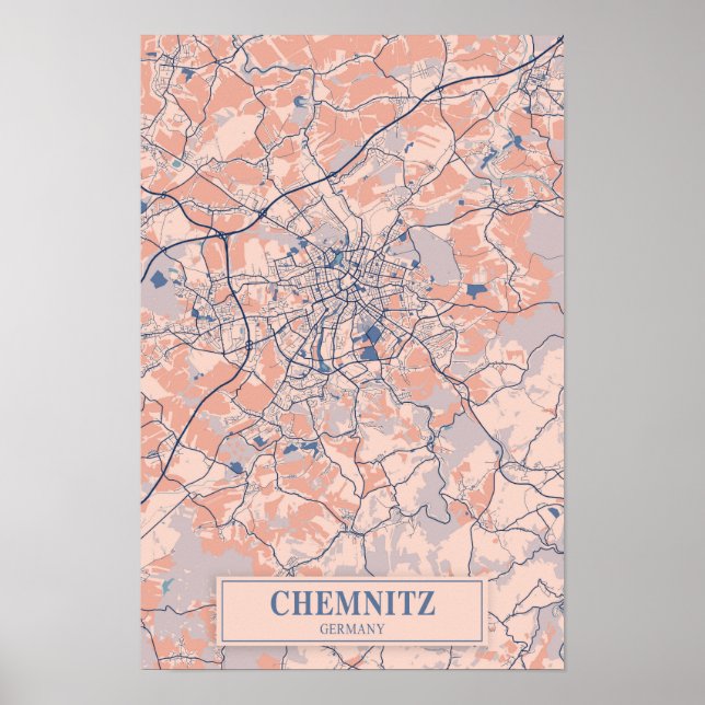 Póster Mapa de viaje de la ciudad ventosa Chemnitz Aleman (Frente)