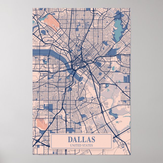Póster Mapa de viaje de la ciudad ventosa de Dallas Texas (Frente)