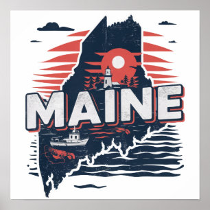 Póster Mapa de viaje del estado de Maine EE. UU. vintage