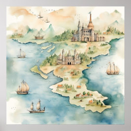 Póster Mapa de viaje en acuarela