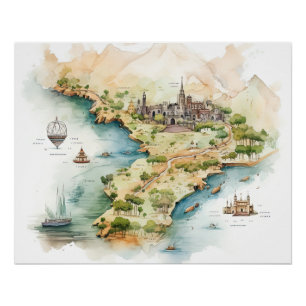 Póster Mapa de viaje en acuarela
