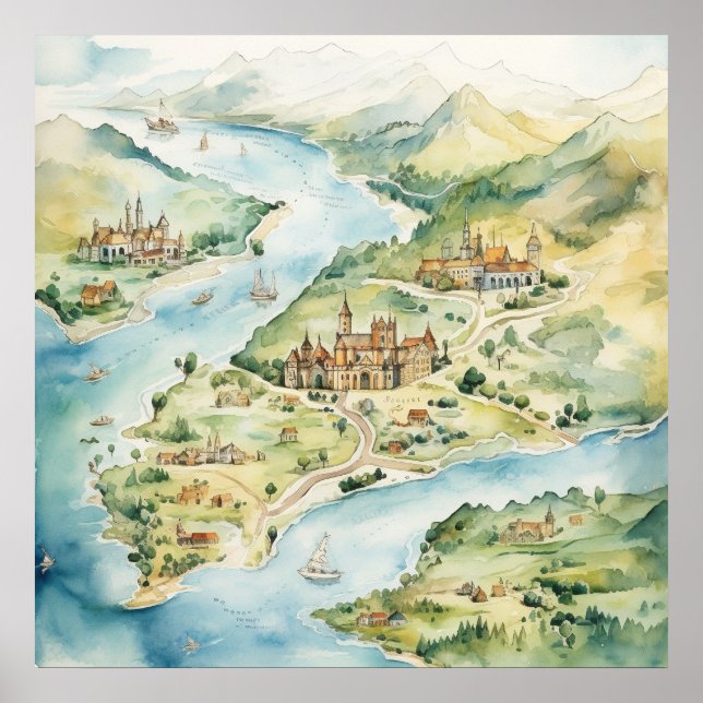 Póster Mapa de viaje en acuarela (Frente)