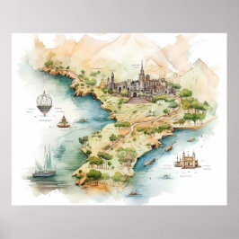 Póster Mapa de viaje en acuarela