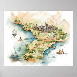 Póster Mapa de viaje en acuarela
