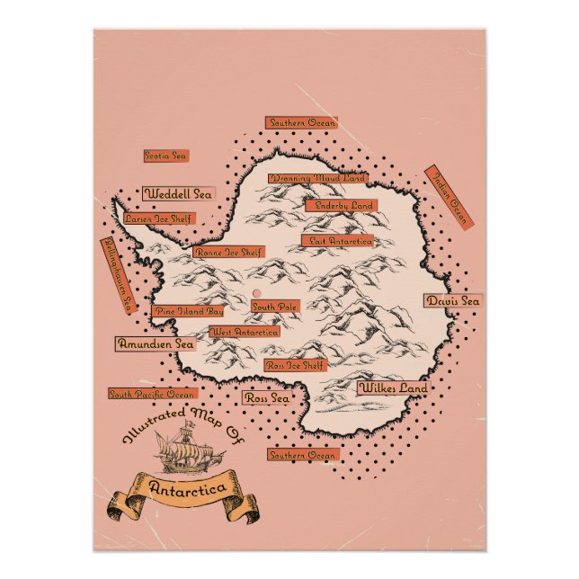 Póster Mapa de viaje ilustrado de Antártida (Anverso)