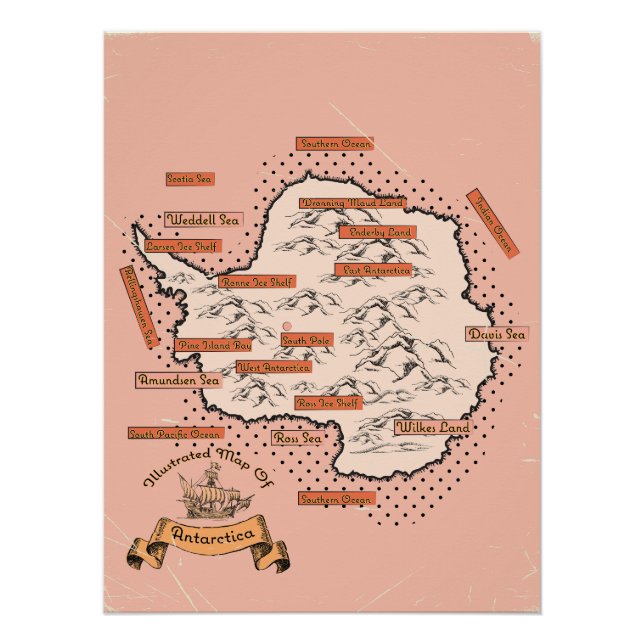 Póster Mapa de viaje ilustrado de Antártida (Anverso)