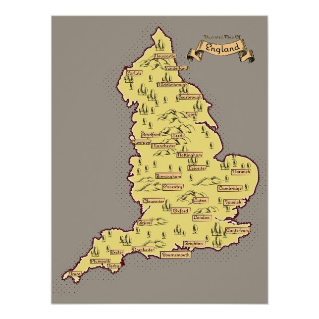 Póster Mapa de viaje ilustrado de Inglaterra (Anverso)