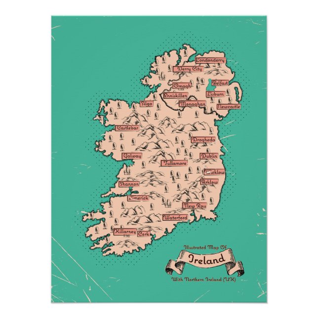 Póster Mapa de viaje ilustrado de Irlanda (Anverso)