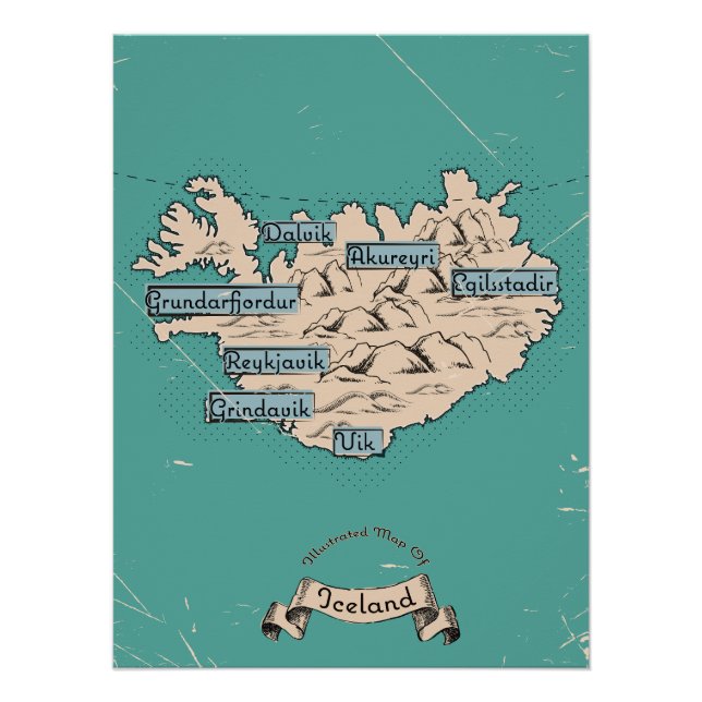 Póster Mapa de viaje ilustrado de Islandia (Anverso)